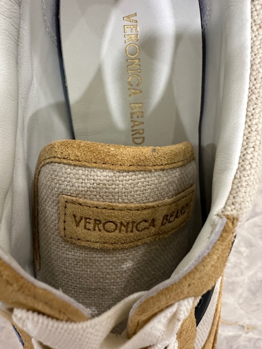 Veronica Beard Tan Suede & Beige Canvas Sneakers with Black Accents - Picture 6 of 7